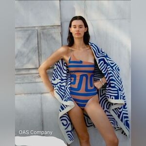 OAS One-Shoulder Geometric Blue and Tan Swimsuit